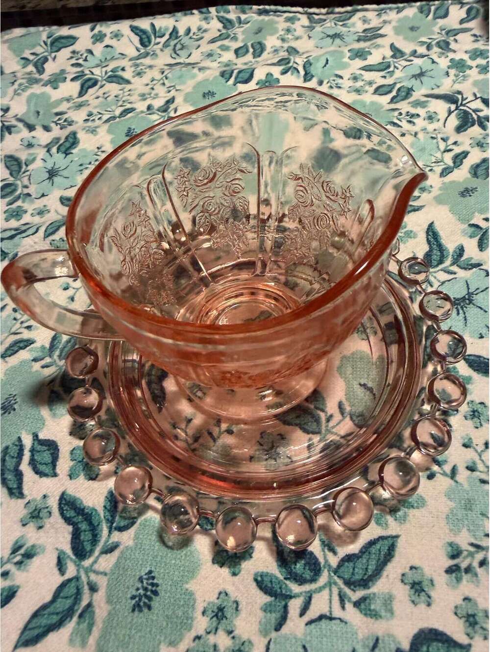 pink depression glass cream pitcher and saucer set Old Colony Anchor Hocking
